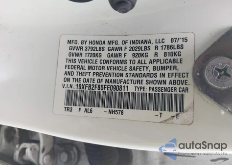 2015 Honda Civic Ex из США, поврежденный, VIN 19XFB2F85FE090811